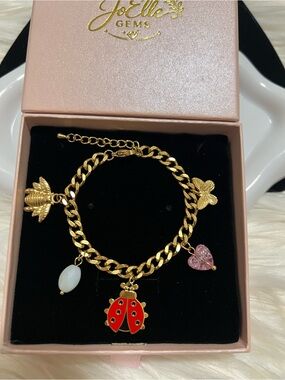 18K Gold Plated Stainless Steel Charm Bracelet with Red Ladybug & Pink Heart